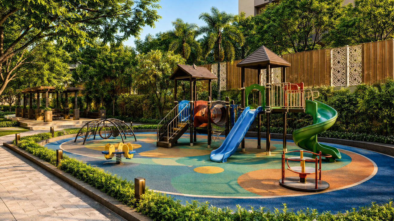 Children's play area with climbing frame and slides