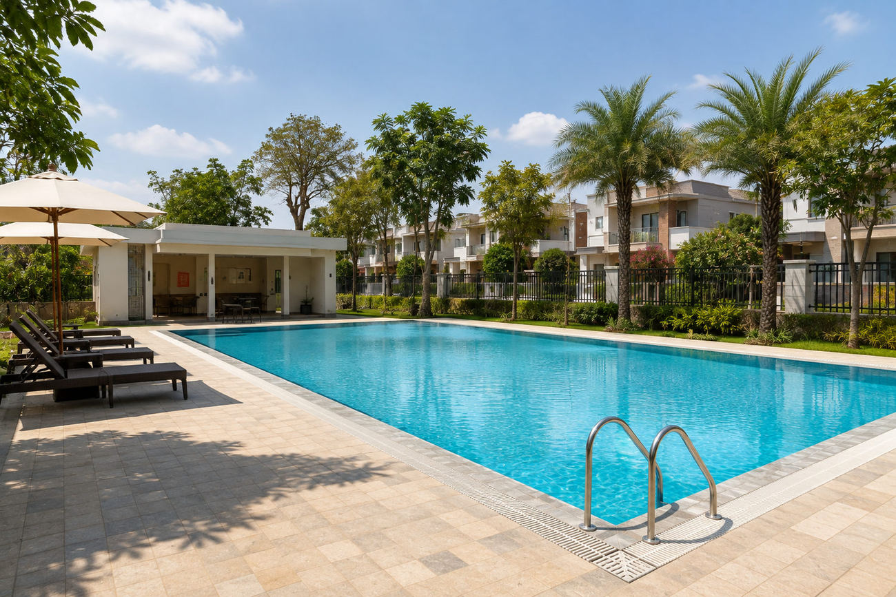 Adult swimming pool with poolside loungers and changing rooms