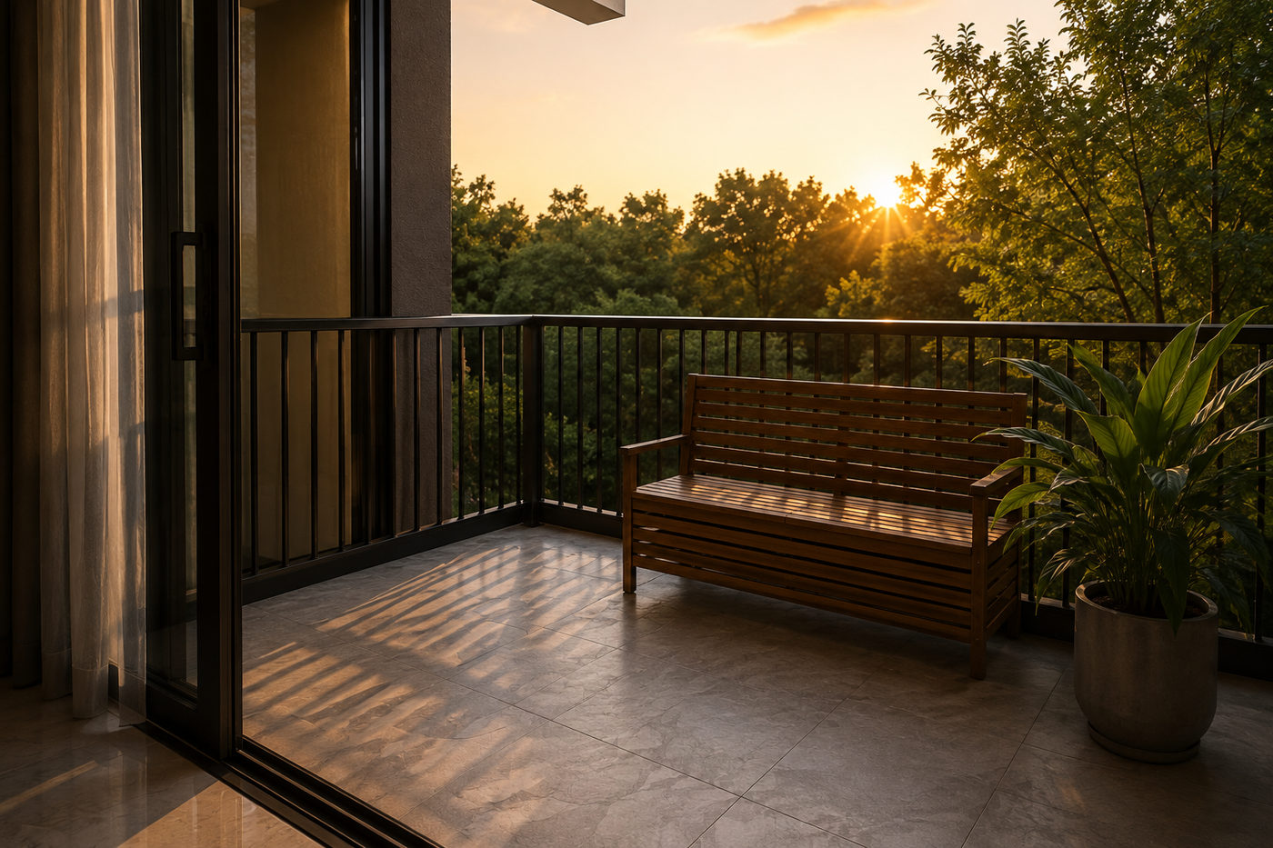 Balcony seating at sunset overlooking greenery