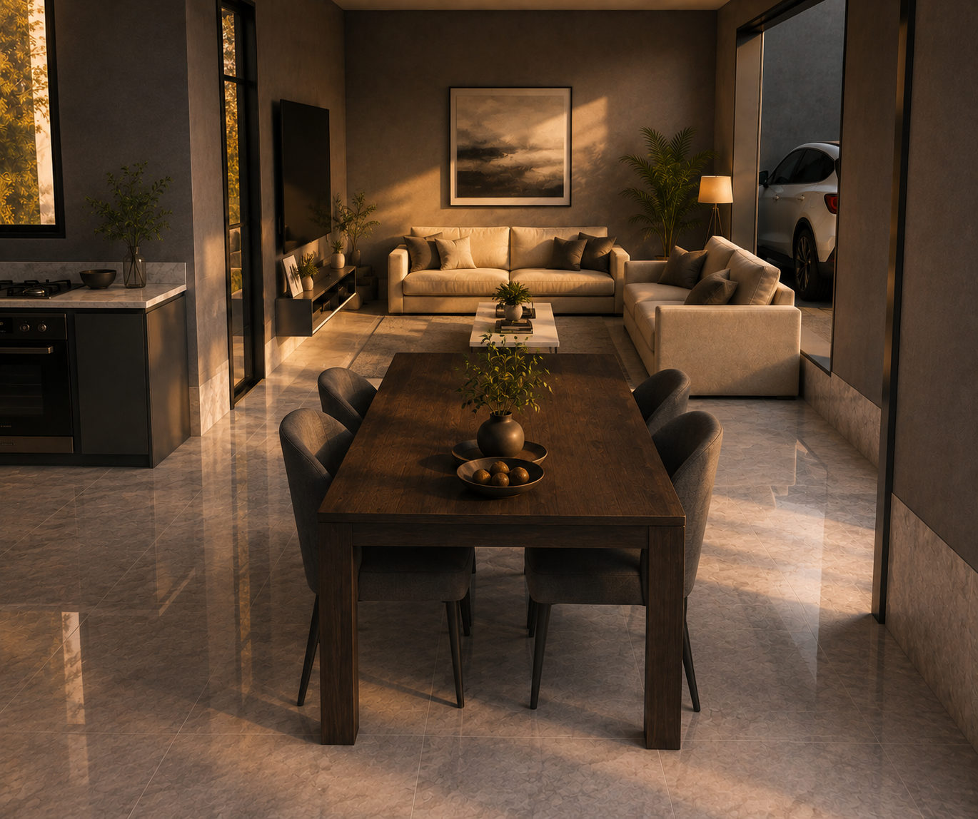 Open-plan dining and living area